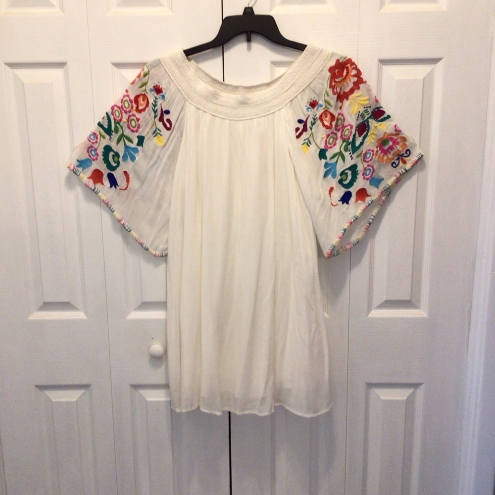Judith March Boho Ivory Crinkle Floral Embroidered Half Sleeve Tunic Top Size L